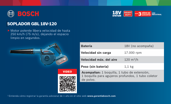 SOPLADORA INALÁMBRICA GBL 18V-120 BOSCH + CARGADOR + 2 BATERÍAS